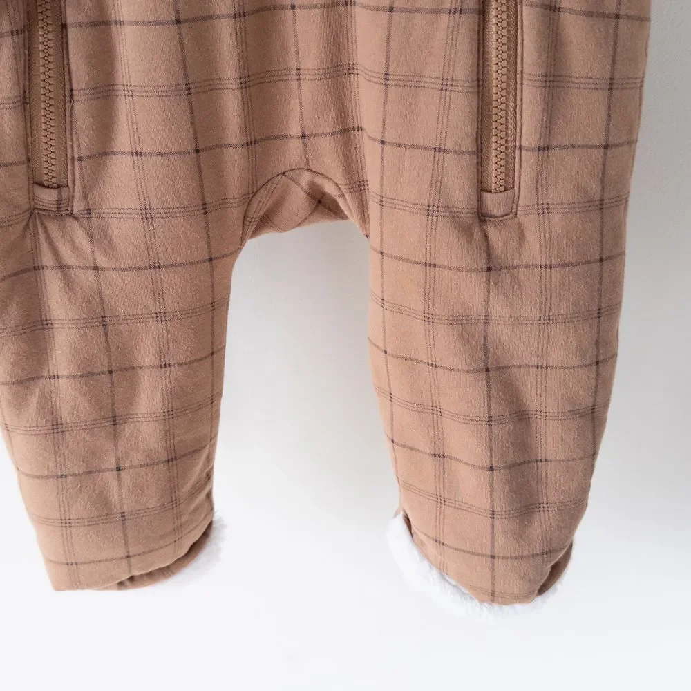 Baby Gap Plaid Hooded Sherpa Fleece Lined Pram Suit Winter Warm Brown Baby 6-12m